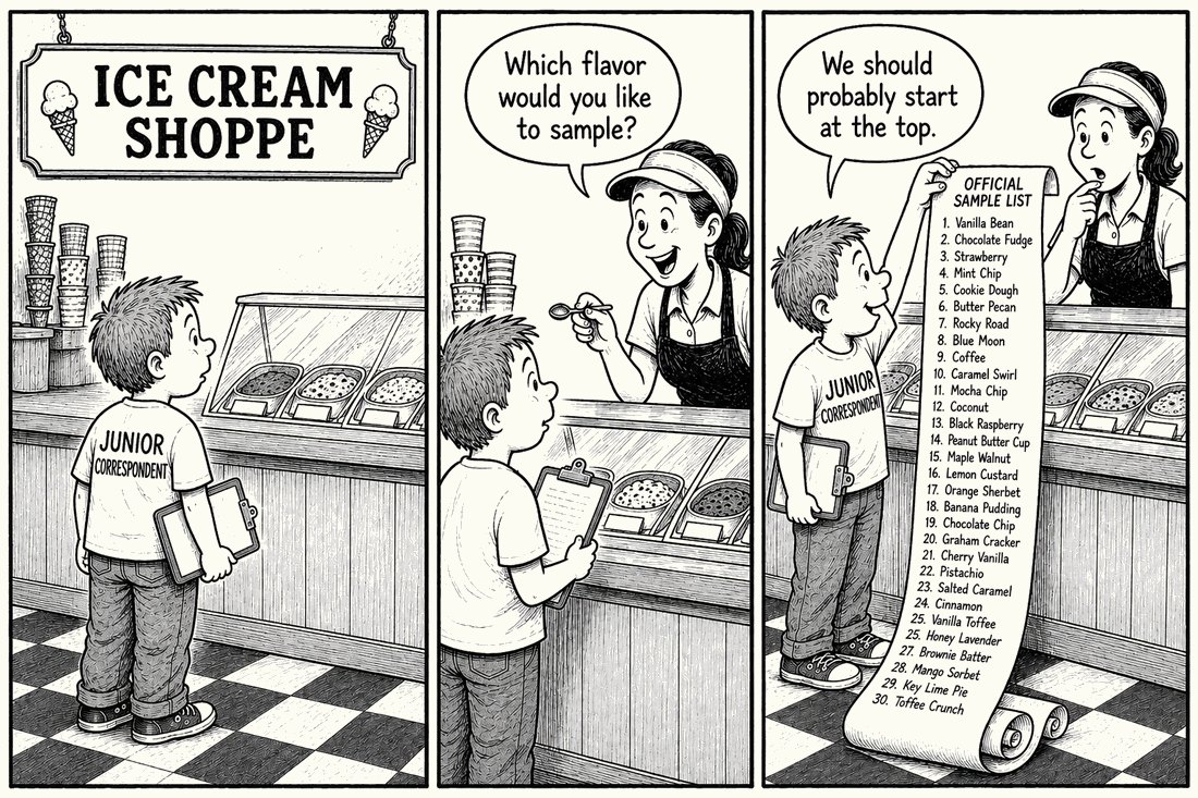 Three-panel cartoon of a junior correspondent sampling ice cream flavours